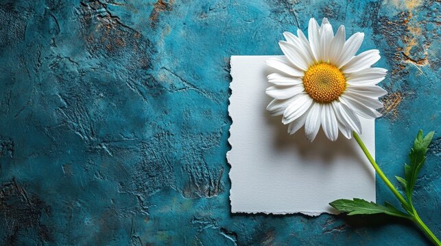 A simple, pristine white card lay blank, awaiting the touch of a pen or the whisper of a heartfelt message, adorned with a single daisy, its vibrant yellow petals a splash of cheerful optimism.