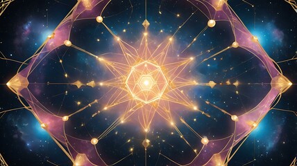 "An abstract celestial grid with interconnected golden hexagons, spirals, and radiant starbursts, floating in a deep cosmic nebula background."