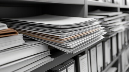 Organized Stacks of Paper and Notebooks on a Shelf