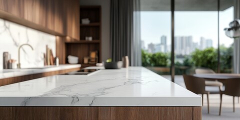 A modern kitchen interior with marble countertop and city view