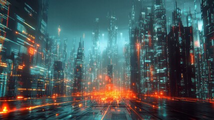 Fototapeta premium Futuristic cityscape with vibrant neon lights and a dynamic atmosphere.