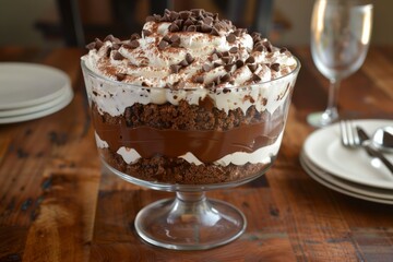 Chocolate trifle with whipped cream and chips. AI image