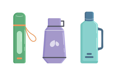 Collection of thermoses for travel or sports. Bottle vacuum. Thermos bottle icon. Vector illustration