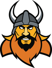 A bold Viking mascot logo with a fierce expression, horned helmet, and battle-ready stance. Perfect for sports teams, brands, or gaming identities seeking strength.