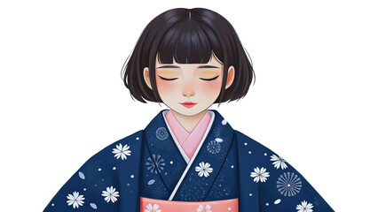 Serene Anime Girl in Elegant Kimono, Floral Design, Digital Painting Illustration