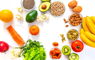 Different foods containing potassium. Selective focus.