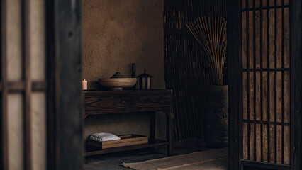 Textured white and brown wall with subtle abstract art, featuring a handcrafted wooden table with a refined wooden bowl, evoking a natural and warm contemporary home ambiance.