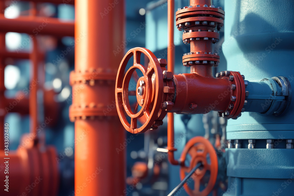 Poster industrial gas field with vibrant red instruments and intricate irrigation system showcasing rustic 