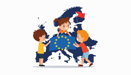 Children celebrating unity with EU flags on map, European spirit