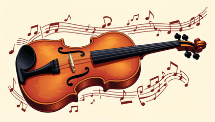 Naklejka premium Elegant violin surrounded by musical notes, classical music concept