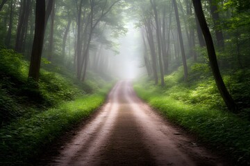 Obraz premium Misty Forest Path Green Trees Dirt Road Nature Scenery