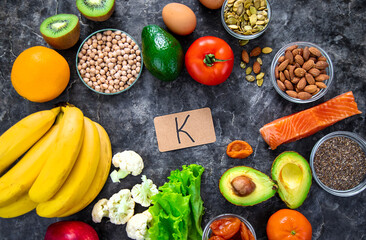 Different foods containing potassium. Selective focus.