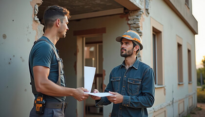 Two construction workers discussing plans at a building site during sunset, Building contractor defect concept.