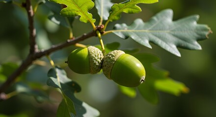 Close-up of two vibrant green acorns on an oak branch.