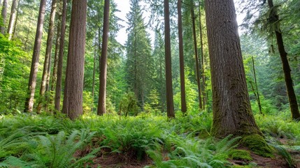 Obraz premium Sunlight filters through the trees in a serene pine forest, creating a tranquil and peaceful atmosphere.