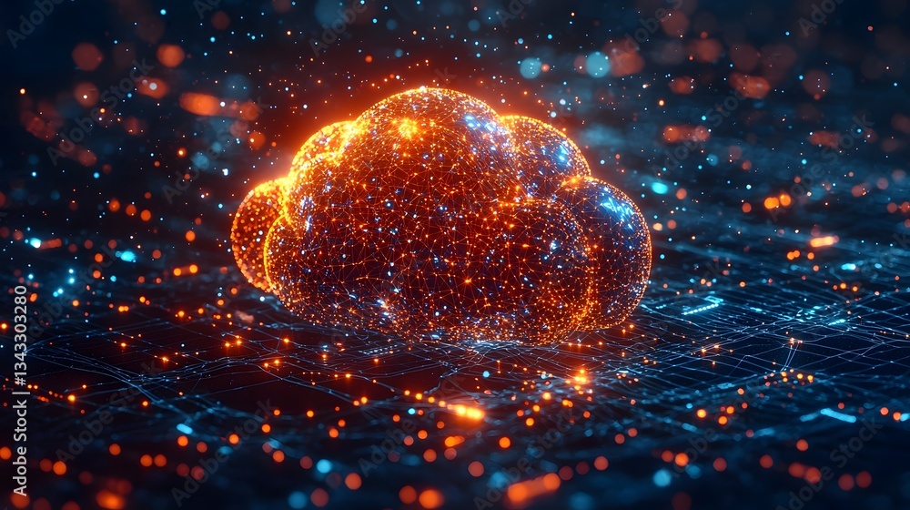 Poster glowing digital data cloud with interconnected neural networks