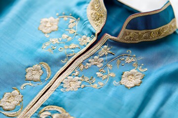 3D Sky Blue Silk Kurta with Delicate Paisley Embroidery.