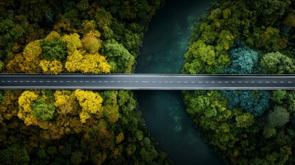 Aerial View  Road Bridge Over Lush Green Forest  River  Autumn Colors