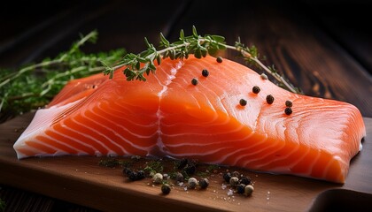fresh salmon fillets seasoned with thyme and peppercorns resting on wooden cutting board