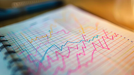 Colorful lines and grids create a dynamic financial graph. This vibrant depiction of market trends