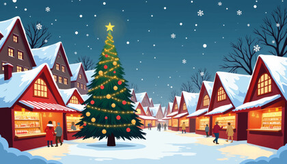 Obraz premium Festive Christmas market scene in snowy Vienna, holiday joy