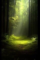 Obraz premium Sunlight streams through pine branches, casting enchanting patterns on the forest floor.