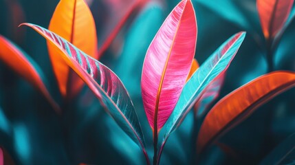 Vibrant pink and orange leaves with teal background.
