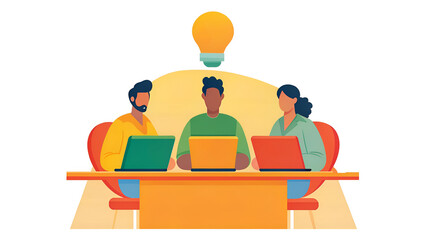 Neurodiversity Technology Collaborative brainstorming session with three individuals using laptops and a lightbulb overhead.