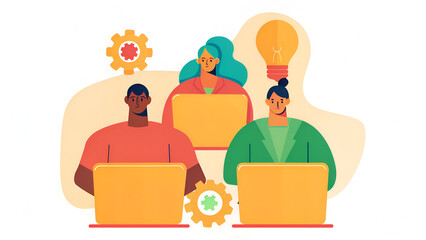 Neurodiversity Technology Three diverse individuals working on laptops, surrounded by gears and a lightbulb, symbolizing collaboration and innovation.