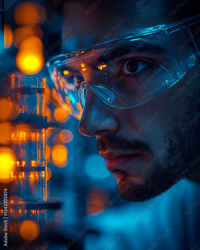 Poster focused scientist working intently in a high tech laboratory