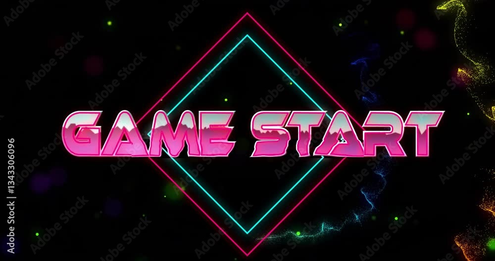 Poster glowing animation of game start text over colorful shapes on black background