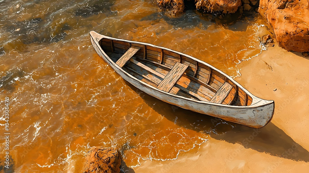 Poster artistic view of a handcrafted dugout canoe resting on the beach with soft sands and gentle waves in