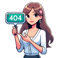 Fototapeta premium Anime girl holding 404 sign with turquoise message. Perfect for manga or gaming websites indicating missing character profiles or content.