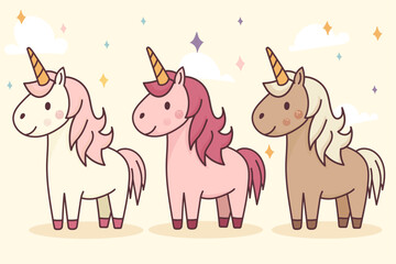 Whimsical cartoon unicorns with colorful manes and horns standing in a row, surrounded by sparkles and clouds. Ideal for children’s themes, fantasy art, and magical designs