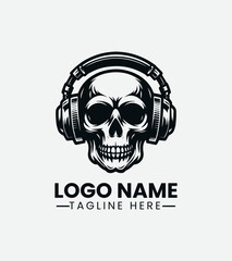 Monochrome skull wearing headphones against a light background. Music culture concept.