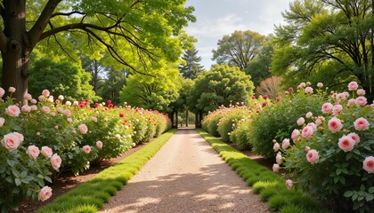 Tranquil rose garden path surrounded by vibrant blooms, natural beauty