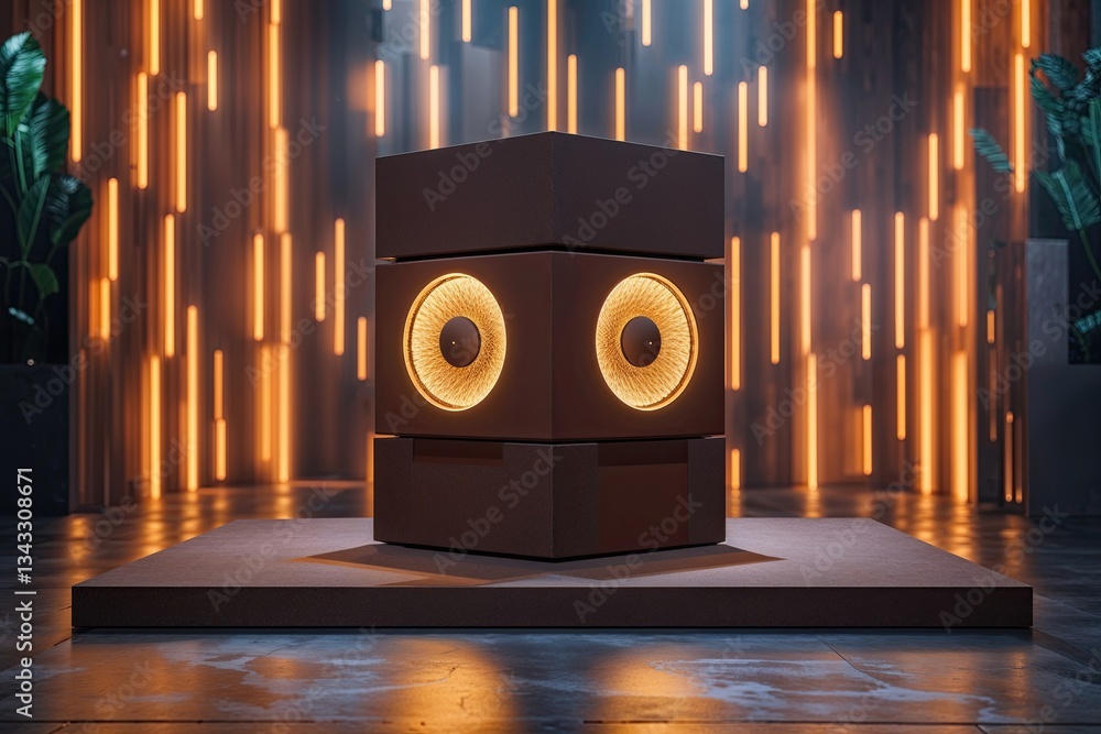 Poster artistic space with brown cube display against electrifying background for product showcases