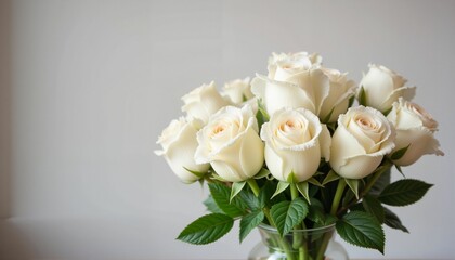 Obraz premium Elegant white roses bouquet in glass vase, beauty of nature