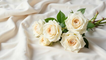 Obraz premium Elegant white roses bouquet on soft fabric, beauty and sophistication