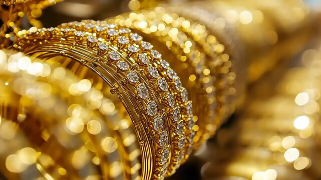 Close-up view of shimmering gold bangles adorned with sparkling diamonds, showcasing elegance and luxury