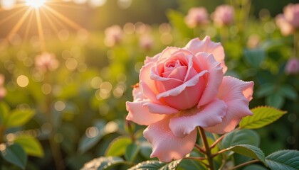 Beautiful pink rose adorned with morning dew, nature's elegance