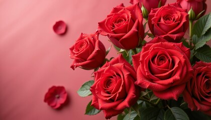 Vibrant red roses with glistening dew, morning freshness
