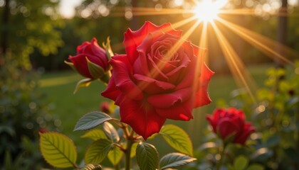 Obraz premium Vibrant red roses basking in sunlight, beauty of nature