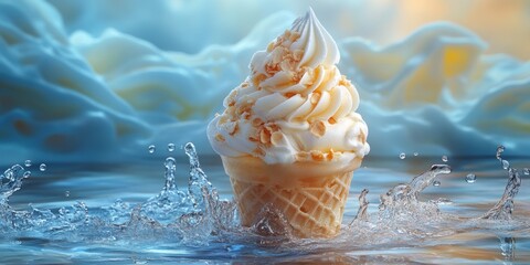 A refreshing ice cream cone with toppings amidst a splash of crystal-clear water against a dreamy, soft-focus background.