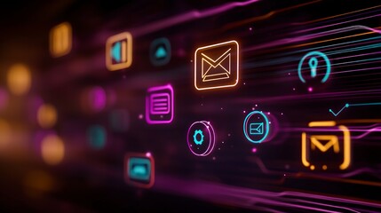 Digital Marketing  Neon Icons  Online Engagement  Multimedia Content  Data Driven Marketin