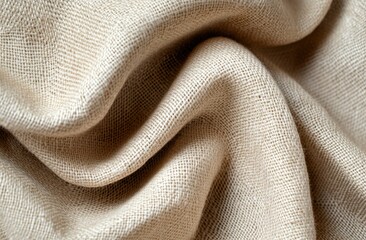Close up of textured beige fabric showing many folds and waves