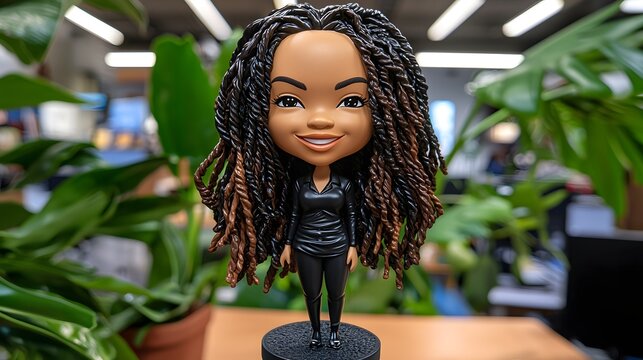 Cheerful bobblehead doll displayed in an office setting, nodding its head in a lighthearted and playful atmosphere