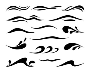 A set of silhouettes of elegant decorative design elements, calligraphy, sea waves, swirls, vector illustration. Wavy abstract graphic shapes, lines, dividers, flat design, hand-drawn