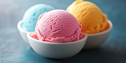 Three vibrant scoops of flavored ice cream in white bowls against a textured teal background