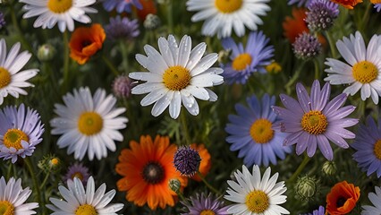 Fototapeta premium A close-up of a cluster of wildflowers in full bloom, featuring bright daisies, lavender, and poppies, with morning dew glistening on the petals.